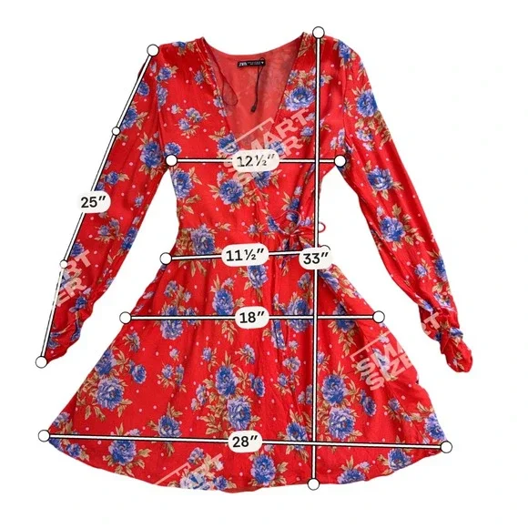 Zara Red Floral Polka Dot Wrap Mini Dress Long Sleeve XS V-Neck Boho Summer EUV - Picture 9 of 9